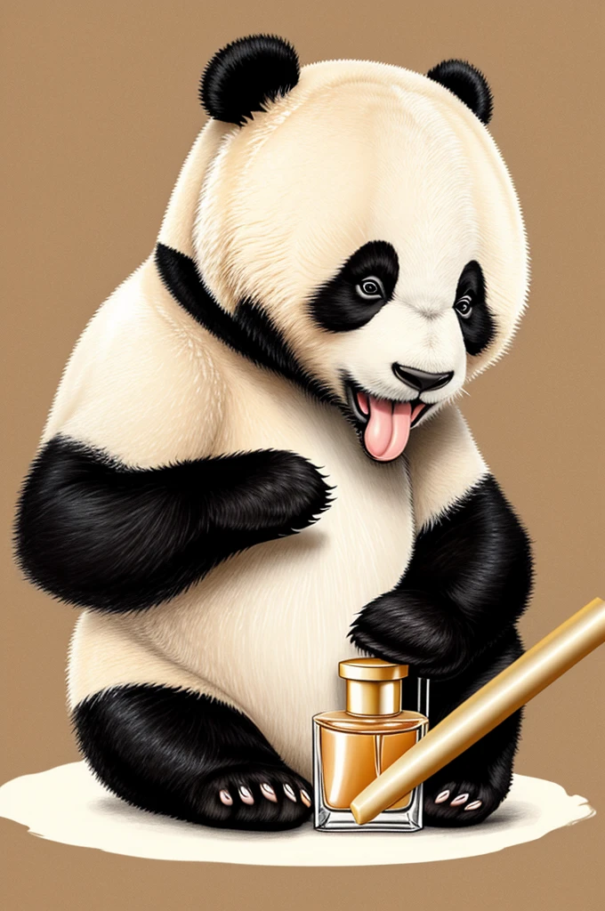 Drawing of an animated happy panda applying perfume