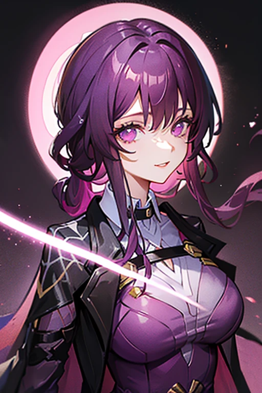 Purple Hair detailed masterpiece Low Ponytail Female college student Black overcoat thin mysterious i doubt it smile whole body 28 years old mature expensive