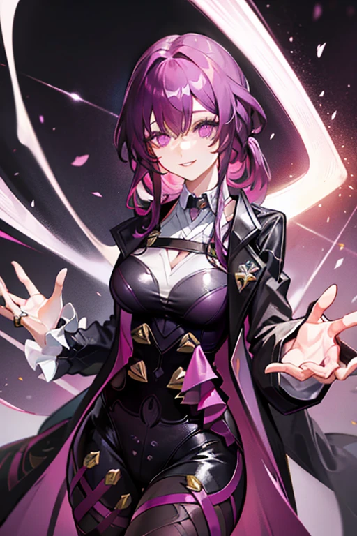 Purple Hair　detailed　masterpiece　Low Ponytail　Female college student　Black overcoat　thin　mysterious　i doubt it　smile　whole body　28 years old　mature　expensive