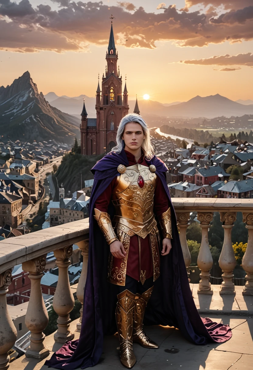 (masterpiece, 8K, UHD, best quality), majestic portrait of a man, (long silky silver hair), (piercing violet eyes), (intricate armor), flowing cape, (gold and ruby details), (standing on a balcony of a high tower), (landscape of a beautiful medieval city in the background), volcanic mountains, rivers of lava, (skies crossed by dragons in the distance), (light of the setting sun), imposing and mysterious atmosphere, realistic details, (elements of fire and magic), (heroic and noble perspective)