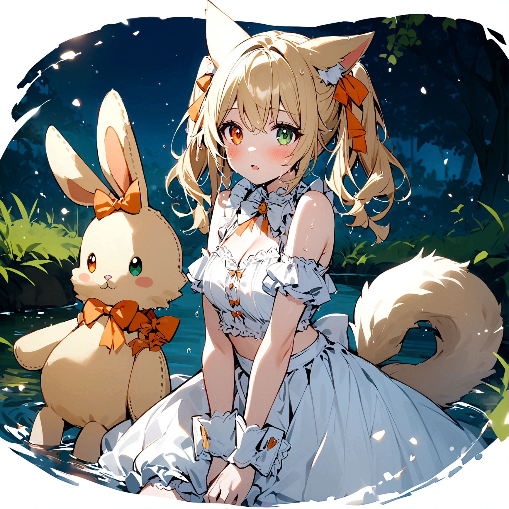1girl, animal ears, bangs, bare shoulders, blonde hair, blush, bow, breasts, white cleavage, cropped torso, , green eyes, hair ribbon,On the riverbank, night, wet hair, wet tail heterochromia, stlooking at viewer, open mouth, orange bow, orange eyes, orange ribbon, ears like an unearthly animal, fluffy tail, light tail, real tail, ribbon, solo, stuffed animal, stuffed bunny, stuffed toy, twintails, upper body, full-length, white legbands, white shoes with lace and white bows, white background, wrist cuffs, yellow eyes, bloomers, close-up, fair skin frills, lace, midriff, skirt, solo, , white background,shorts, white top with ribbon and lace and trousers,trousers, genshin,white slippers with a bow,All clothes are white,