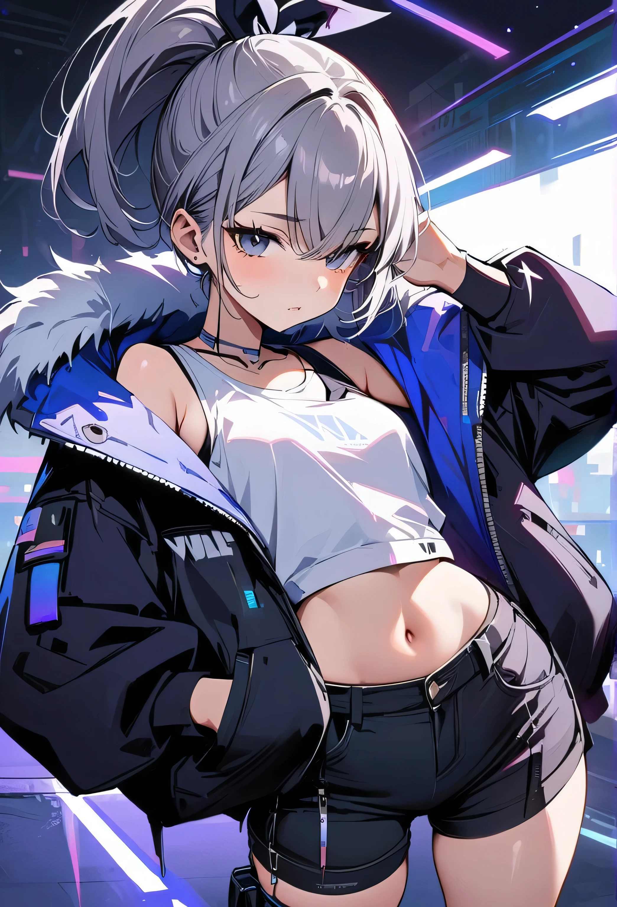 young girl, gray short hair, gray eyes, high ponytail, cyberpunk, white top, shorts, fur coat, masterpiece, high quality, silver wolf, oversized vest
