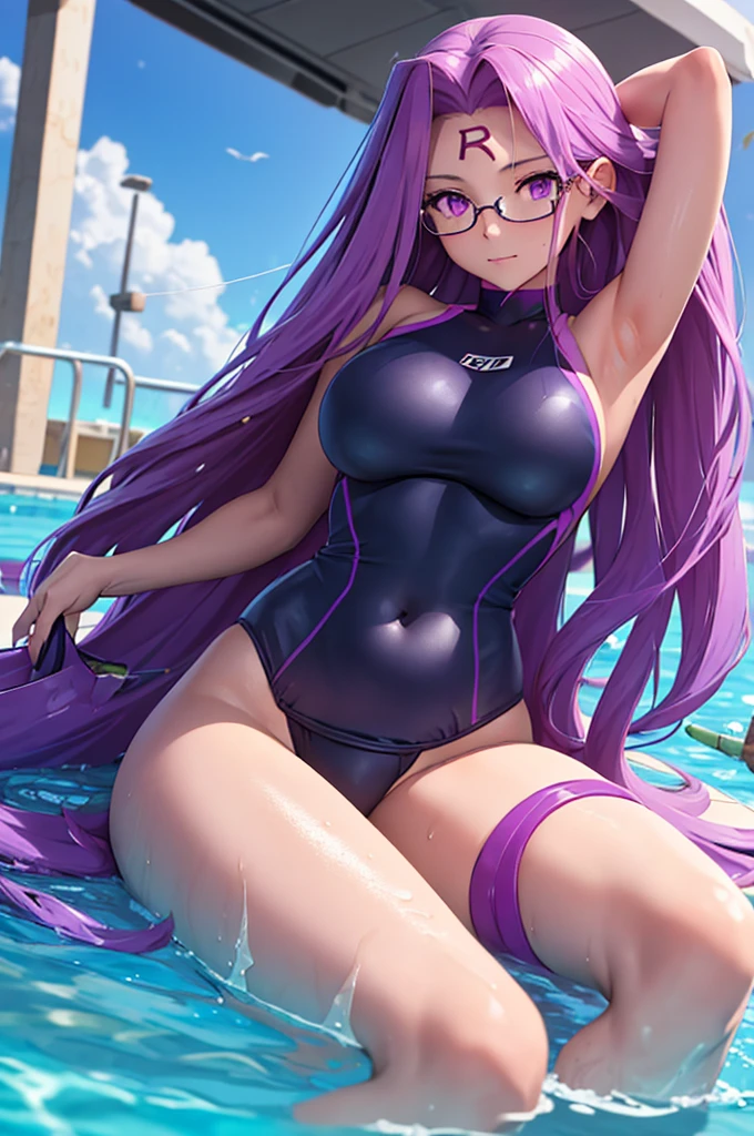 1girl, best quality, masterpiece, high resolution, solo, {blue school swimsuit:1.40}, {short school swimsuit:1.20}, {medusa_fgo:1.15}, long_hair, purple_hair, very_long_hair, purple_eyes, breasts, big_breasts, swimming pool, pool, de pie, school swimsuit.