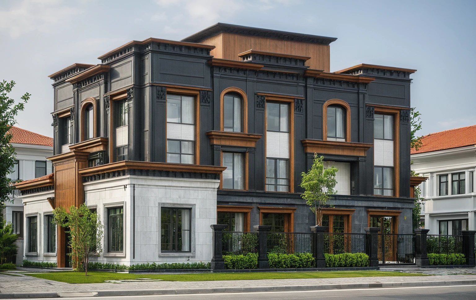 modern villa on street, (daylight), plant and tree, vivid colour, streetcapes, (black detail:1.1), high constraint, masterpiece, best quality, raw photo, white wall, large glass door, warm interior lighting, wood, best quality,
