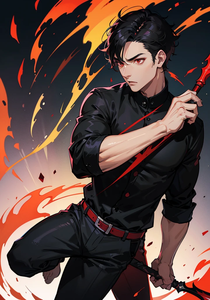 A man, short glod hair, red eyes in black shirt and trousers, hold a black sickle in right hand, figting position, fire around him