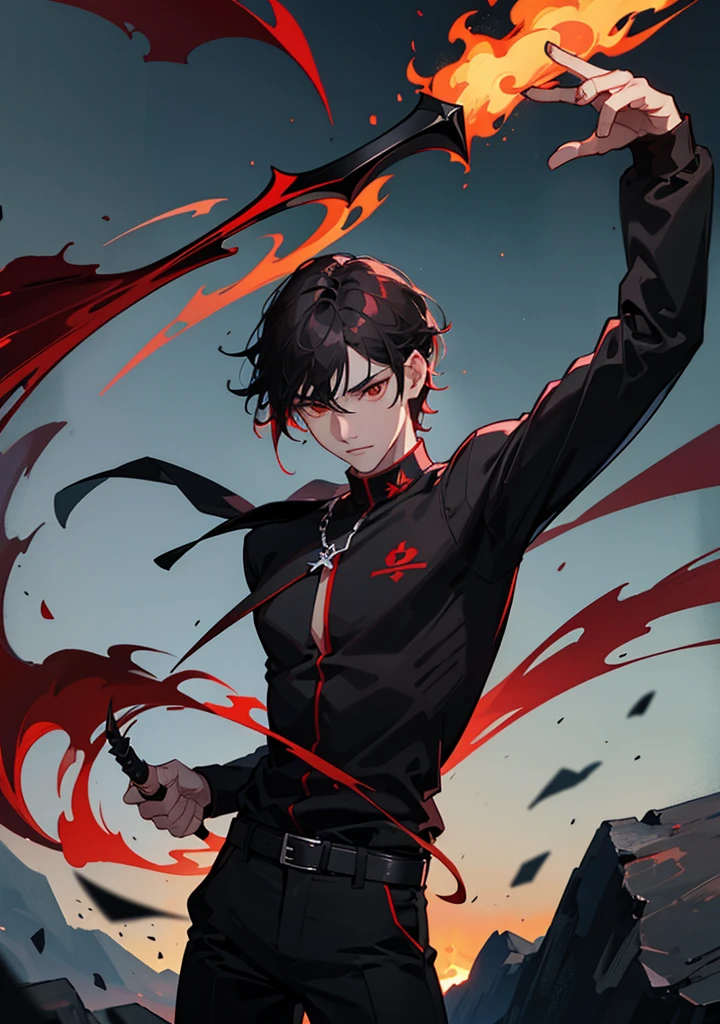 A man, short glod hair, red eyes in black shirt and trousers, hold a black sickle in right hand, figting position, fire around him