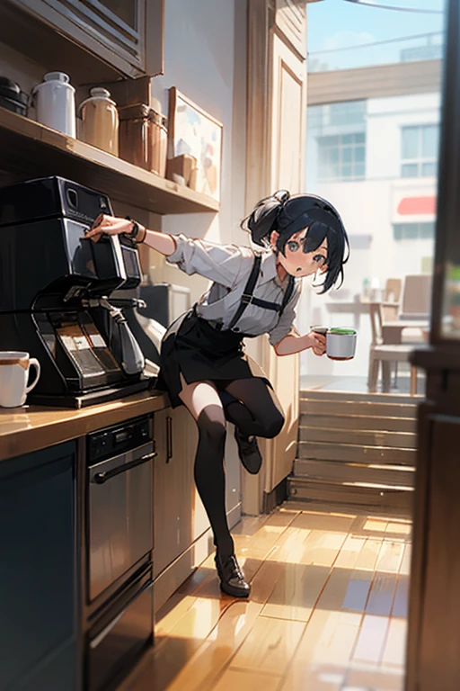 Girl about to fall while serving a coffee cup