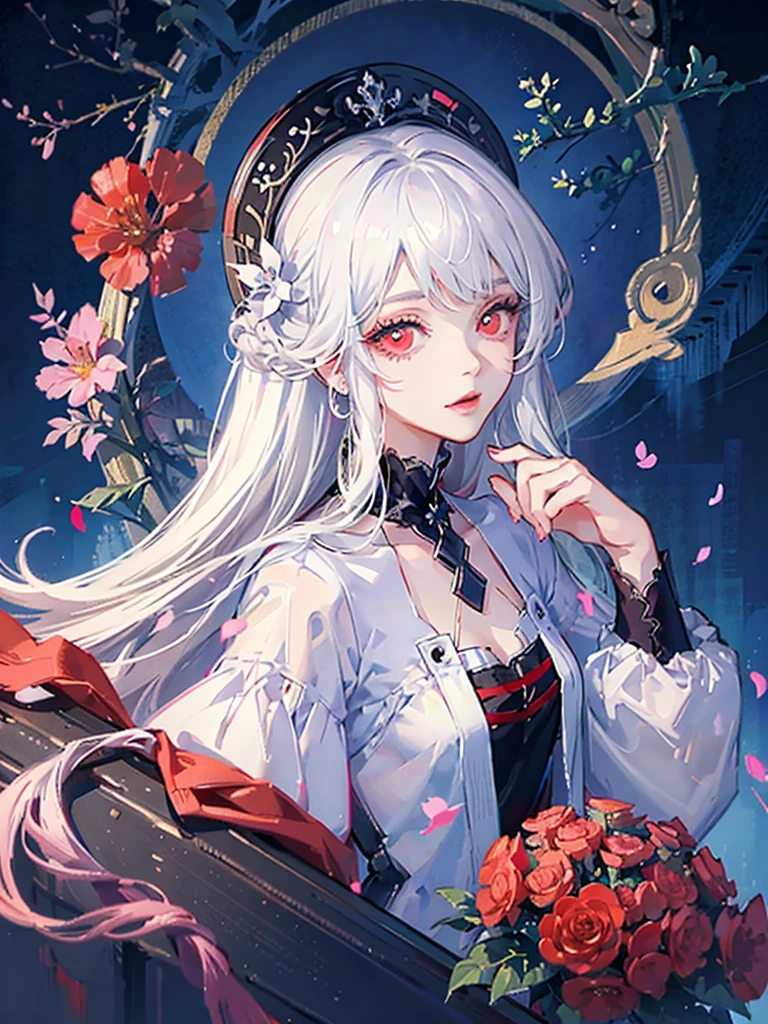 Create a vibrant anime-style illustration featuring a girl with white hair, red eyes, and colorful flowers. The artwork should capture the girl's flowing white hair and striking red eyes in mesmerizing detail, and be bursting with color. Incorporate colorful flowers into the artwork to complement the girl's beauty and add depth to the piece. The finished illustration should be an artistic masterpiece that transports the viewer to a magical world filled with wonder and imagination.