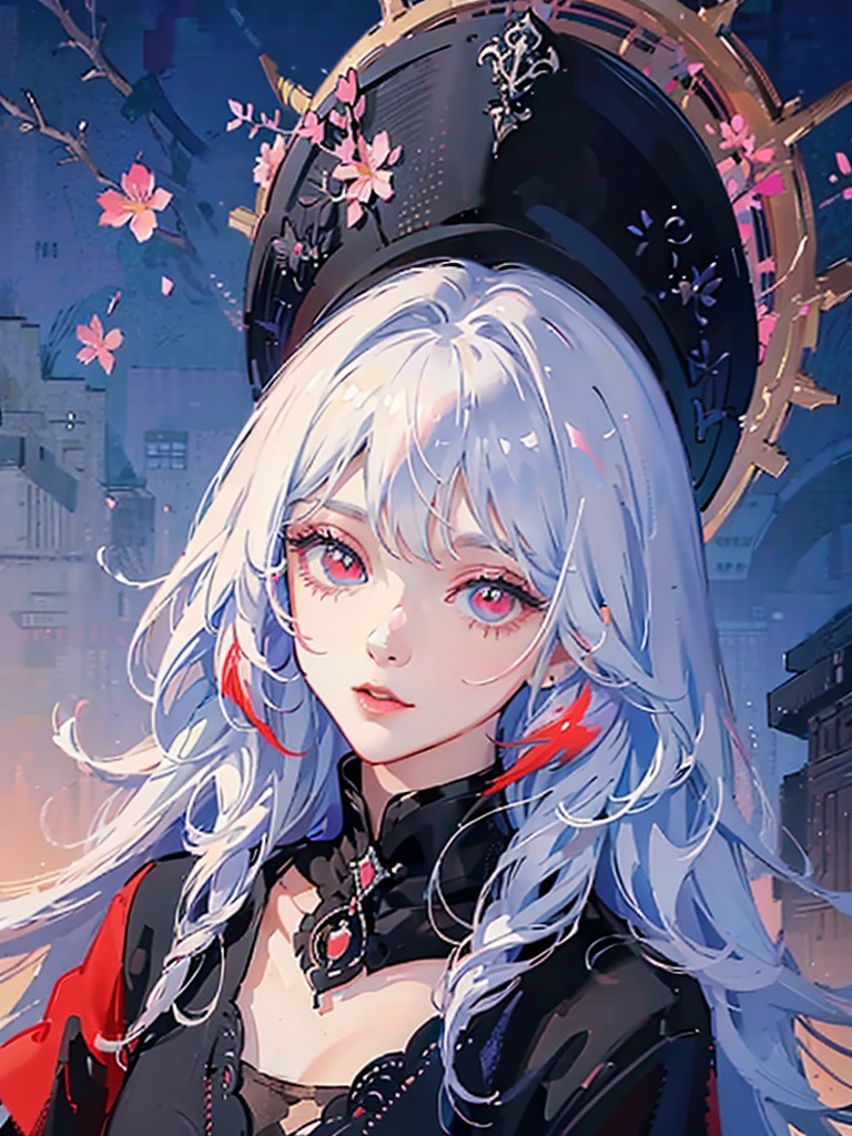 Create a vibrant anime-style illustration featuring a girl with white hair, red eyes, and colorful flowers. The artwork should capture the girl's flowing white hair and striking red eyes in mesmerizing detail, and be bursting with color. Incorporate colorful flowers into the artwork to complement the girl's beauty and add depth to the piece. The finished illustration should be an artistic masterpiece that transports the viewer to a magical world filled with wonder and imagination.