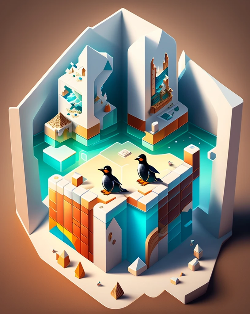 3 penguins looking for a treasure chest on a puzzle map,Beautifully sophisticated，cube，Sea view，iceberg，Creative scene design，trending on Art Station, Monument Valley, Level Design, Low Poly, Isometric Art, 3D Art, High Detail, Art Station, Concept Art, behance, Ray Tracing, Smooth, Clear focus, Ethereal Lights