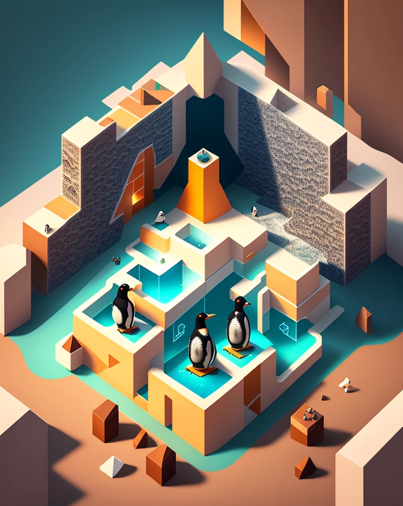 3 penguins looking for a treasure chest on a puzzle map,Beautifully sophisticated，cube，Sea view，iceberg，Creative scene design，trending on Art Station, Monument Valley, Level Design, Low Poly, Isometric Art, 3D Art, High Detail, Art Station, Concept Art, behance, Ray Tracing, Smooth, Clear focus, Ethereal Lights