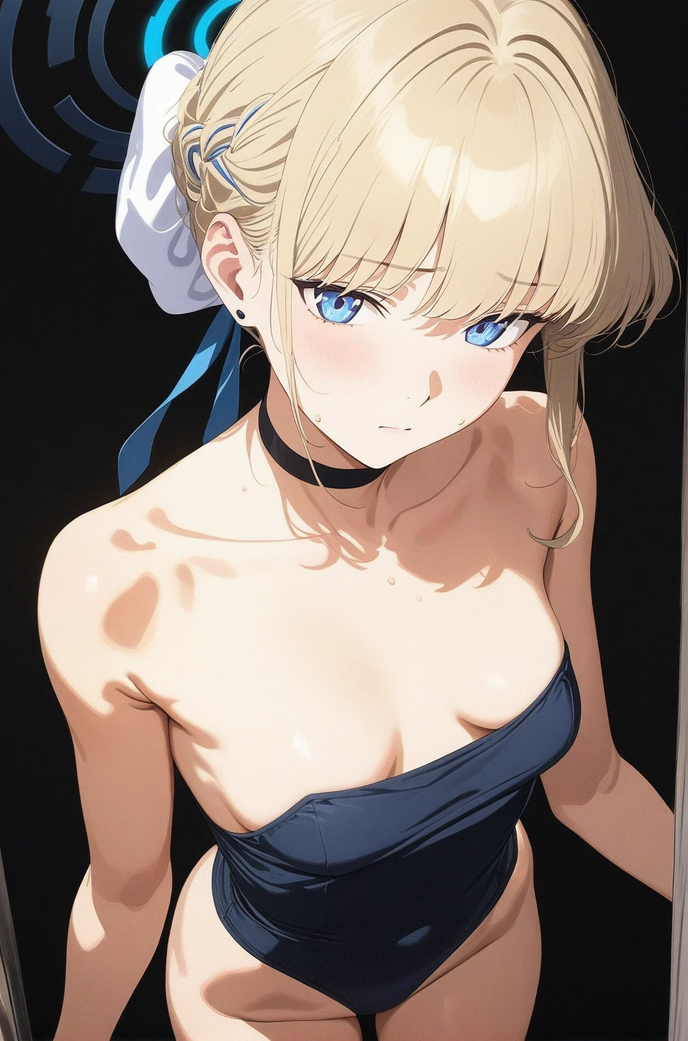 best quality, amazing quality, very aesthetic, absurdres, 1girl, toki  (blue archive), blue archive, eyes, hair, strapless, (artist official art:1.5), (realistic face), (narrowed eyes), (cowboy shot), (art:1.5), panties, (thigh), expressive eyes, perfect face, 4k, extremely detailed anime illustration, extremely detailed eyes, enhanced details, perfect anatomy, light rays, photo background, extremely delicate body, smooth skin, feminine expression, (black background:1.5), cristal clear eyes, beautiful face, small breasts