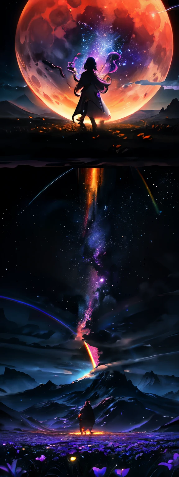 Vast landscape photography , (A view from below, with the sky above and the wide fields below), A girl standing in a flower field looking up, (full moon:1.2), ( shooting star:0.9), (nebula:1.3), Distant Mountain, Treebreak Production Art, (Warm light source:1.2), (fire Fly:1.2), lamp, Lots of purple and orange, Intricate details, Volumetric lighting, Realism BREAK
(masterpiece:1.2), (Highest quality), 4K, Super detailed, (Dynamic configuration:1.4), Very detailed, Colorful details,( Rainbow colors:1.2), (Shining Lights, Atmospheric lighting), dream-like, Magic, (alone:1.2)