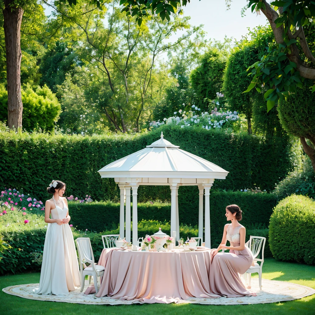 Create a detailed and ultra-realistic 16K resolution image of a vintage tea party set in a picturesque garden. The scene should feature a beautifully set table with fine china, silverware, and a variety of delicate teacups. The table is surrounded by guests dressed in elegant, early 20th-century attire, including lace dresses, pearl necklaces, and dapper suits. The garden is lush and blooming, with roses, peonies, and wisteria creating a vibrant, fragrant backdrop. A classic Victorian gazebo stands nearby, draped with ivy and flowers. The guests engage in lively conversation, their expressions joyful and animated, while a gentle breeze rustles the leaves. The lighting should be soft and natural, capturing the golden hour glow and enhancing the nostalgic, romantic atmosphere. The overall scene should evoke a sense of timeless elegance and charm, with every detail rendered in sharp, vivid clarity.