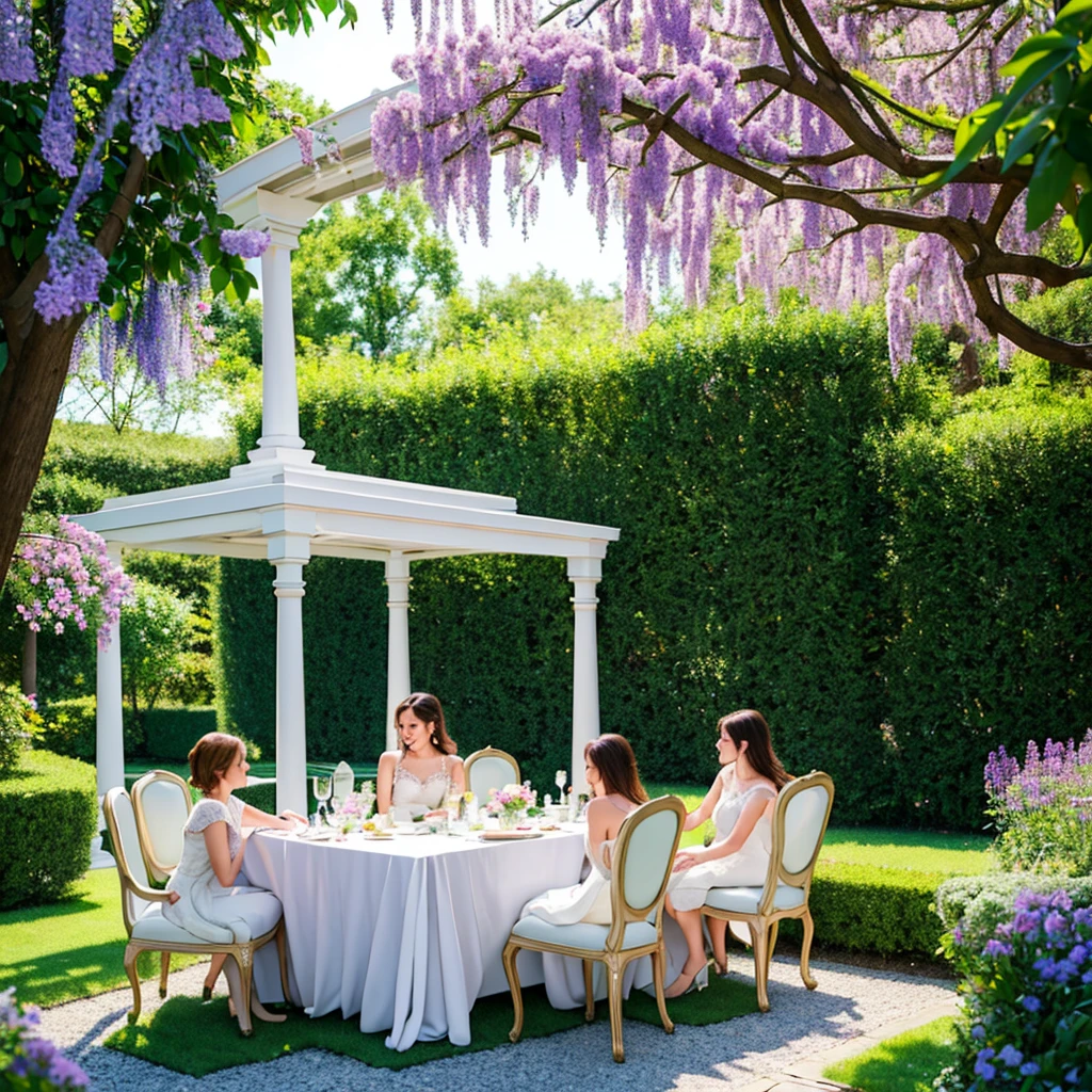 Create a detailed and ultra-realistic 16K resolution image of a vintage tea party set in a picturesque garden. The scene should feature a beautifully set table with fine china, silverware, and a variety of delicate teacups. The table is surrounded by guests dressed in elegant, early 20th-century attire, including lace dresses, pearl necklaces, and dapper suits. The garden is lush and blooming, with roses, peonies, and wisteria creating a vibrant, fragrant backdrop. A classic Victorian gazebo stands nearby, draped with ivy and flowers. The guests engage in lively conversation, their expressions joyful and animated, while a gentle breeze rustles the leaves. The lighting should be soft and natural, capturing the golden hour glow and enhancing the nostalgic, romantic atmosphere. The overall scene should evoke a sense of timeless elegance and charm, with every detail rendered in sharp, vivid clarity.
