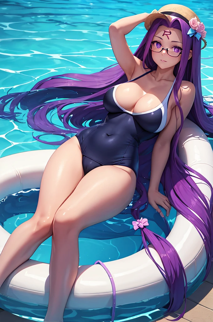 1girl, best quality, masterpiece, high resolution, solo, {blue school swimsuit:1.40}, {short school swimsuit:1.20}, {medusa_fgo:1.15}, long_hair, purple_hair, very_long_hair, purple_eyes, breasts, big_breasts, swimming pool, pool, de pie, school swimsuit.