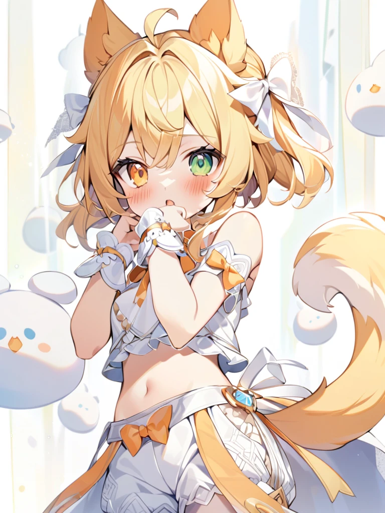 1girl, animal ears, bangs, bare shoulders, blonde hair, blush, bow, breasts, white cleavage, cropped torso, , green eyes, hair ribbon, heterochromia, stlooking at viewer, open mouth, orange bow, orange eyes, orange ribbon, ears like an unearthly animal, fluffy tail, light tail, real tail, ribbon, solo, stuffed animal, stuffed bunny, stuffed toy, twintails, upper body, full-length, white legbands, white shoes with lace and white bows, white background, wrist cuffs, yellow eyes, bloomers, close-up, fair skin frills, lace, midriff, skirt, solo, , white background,shorts, white top with ribbon and lace and trousers,trousers, genshin,white slippers with a bow,All clothes are white, laceAt full height, it stands, в полный рост,One tail, fluffyclothes like queens in Egypt, namely a white transparent cape on the mouth, white transparent ribbons hanging from the wrist