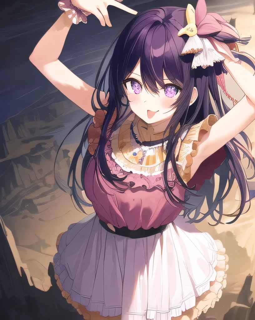 1girl, full body, cowboy shot,
(Rembrandt), illustration, (masterpiece), (best quality), (ultra_detailed), finely detail, (Depth of field),
HshinoAi,gloves, tongue out, tongue, long hair, star \(symbol\), looking at viewer, (purple hair:1.2), purple eyes, upper body, hair ornament, :p, frills, pink shirt, smile, sleeveless, shirt, idol, symbol-shaped pupils, hands up, bangs, one side up, star-shaped pupils, arms up,
dress pull,
Roaring Twenties, isometric, from above, sky, flower, cliff,
