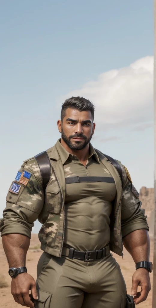 1boy, European, solo, facial hair,34 yrs old, dom, male focus, bara, muscular, mature male, muscular male, beard, short hair, thick eyebrows, brown-skinned male, thighs, fancy suit, dark skin, tie, tight camo t-shirt, tight pants, open jacket, cybernetic bodysuit, soldier suit, cowboy shot, soldier uniform, feet out of frame, thick thighs, looking at viewer, masterpiece, 4k, high quality, highres, absurdres,