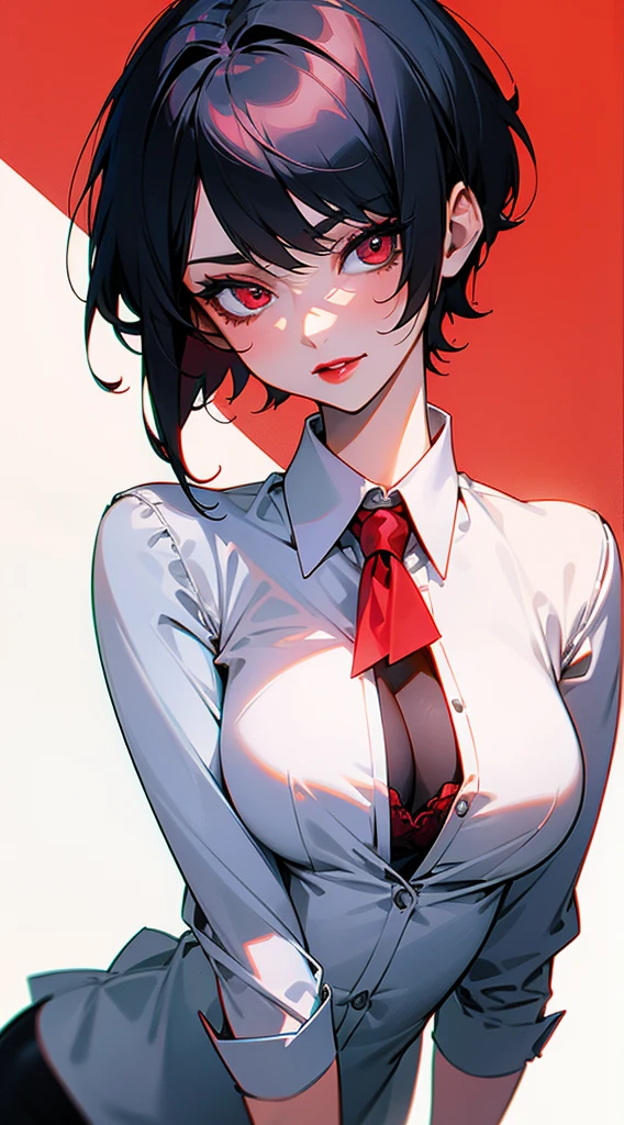 {8k image}, 1girl (solo), beautiful woman, 23 years old, black short hair (pixie cut), red eyes, red lipstick, medium breasts, wearing a formal shirt, looking at the viewer with a sexy expression, facing te camera, {face portrait}, just face and chest pic, {centered image}, no background, manga art style, lineart