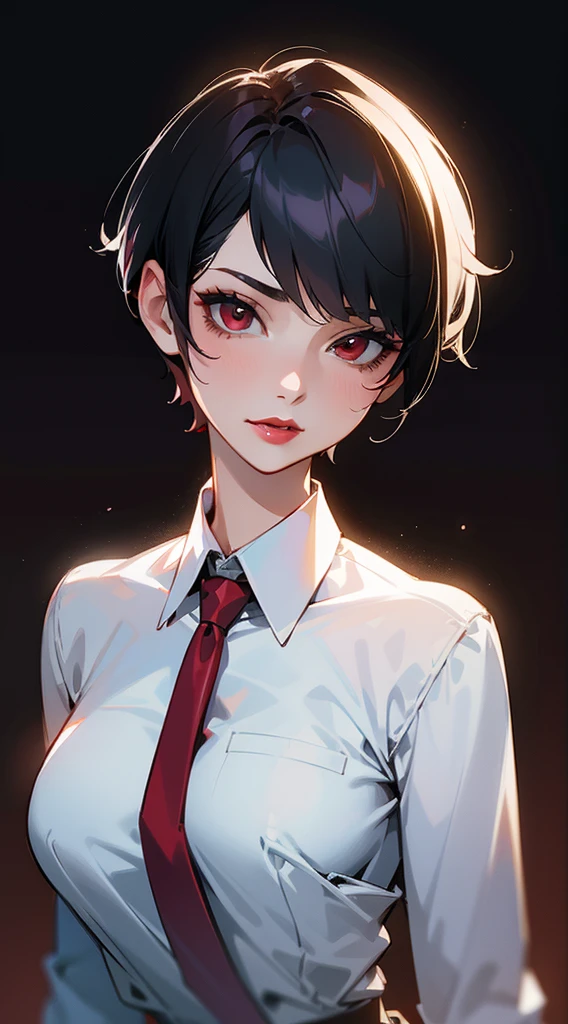 {8k image}, 1girl (solo), beautiful woman, 23 years old, black short hair (pixie cut), red eyes, red lipstick, medium breasts, wearing a formal shirt, looking at the viewer with a sexy expression, facing te camera, {face portrait}, just face and chest pic, {centered image}, no background, manga art style, lineart