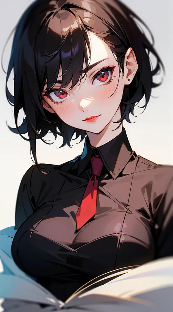 {8k image}, 1girl (solo), beautiful woman, 23 years old, black short hair (pixie cut), red eyes, red lipstick, medium breasts, wearing a formal shirt, looking at the viewer with a sexy expression, facing te camera, {face portrait}, just face and chest pic, {centered image}, no background, manga art style, lineart