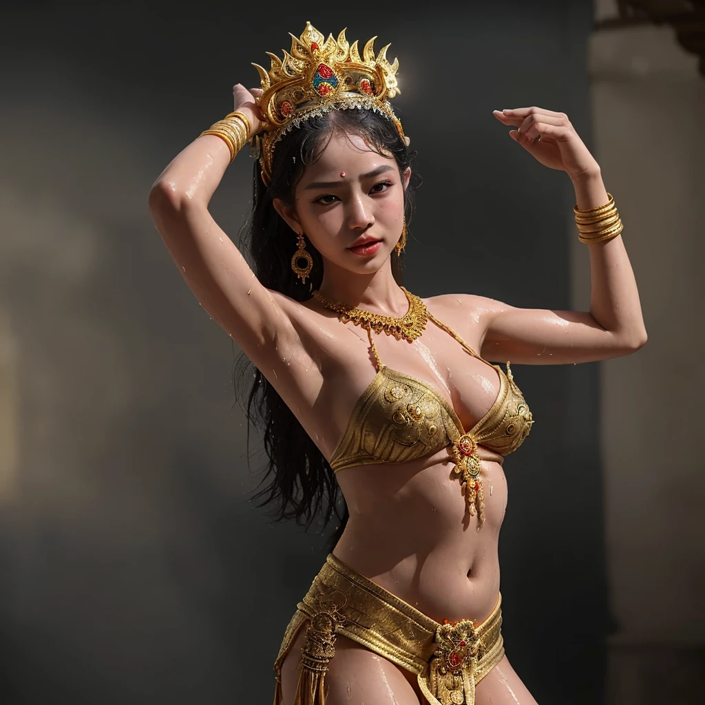 naked, good body curve, showing her big breast & hard nipple with flashing pussy, only wearing traditional bali`s pendet dancer golden head band tiara, moist wet body & skin (correct fingers anatomy)