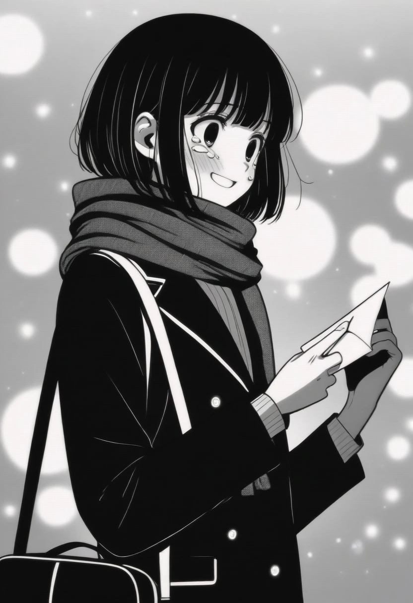 masterpiece, best quality, 1girl, mamerakkkkko, grayscale, manga style, japanese, chi no wadachi, black eyes, street, iced, black hair, schoolbag, smile, lineart, black coat, black scarf, black pleated skirt, leggings, centered, 18 years old, tall, fair skinned, bokeh background, crying, tears, tears streaming, bob cut, light particles, from side, snowing, (((holding envelope, perfect hand, detailed hand:1.1)), emotional anime scene
