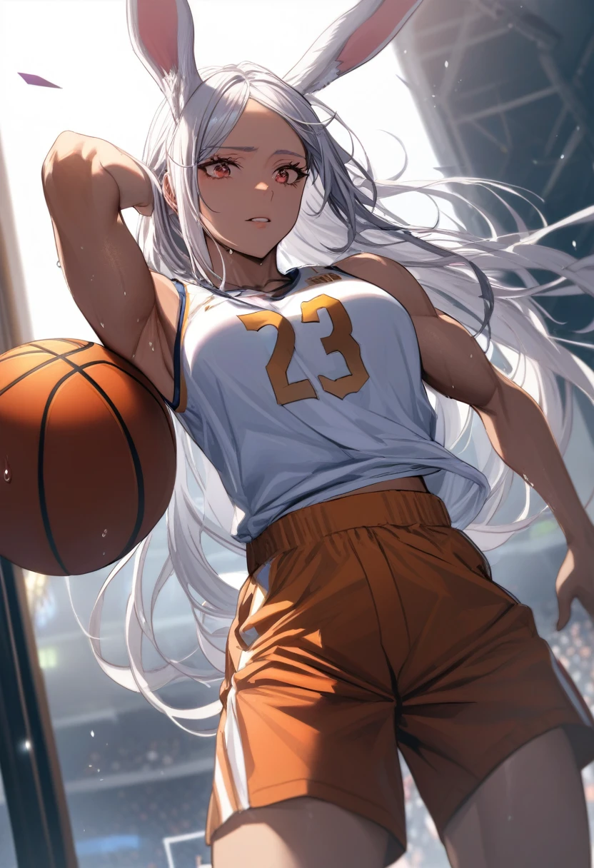 (Mastepiece, best quality, absurdres), close up shot, 1girl, mirkodef, dark skin, muscular, rabbit ears, mature female, holding a basketball in one hand, lifting shirt with one hand, underboob, wearing a basketball jersey, basketball court, looking at wiewer, (exhausted, sweating), medium , 8k intricate illustration, dynamic pose, cinematic lighting, volumetric lighting, vibrant colors, ray tracing, intricate details, 