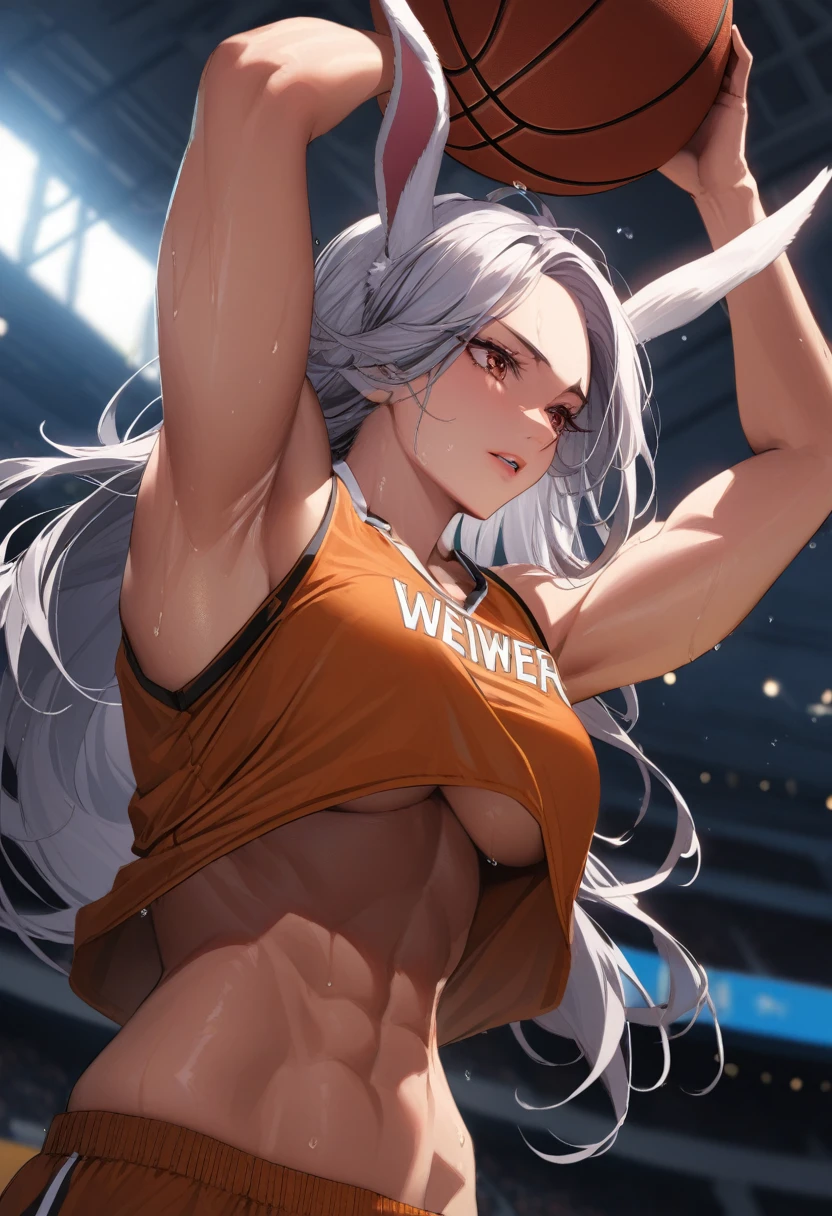 (Mastepiece, best quality, absurdres), close up shot, 1girl, mirkodef, dark skin, muscular, rabbit ears, mature female, holding a basketball in one hand, lifting shirt with one hand, underboob, wearing a basketball jersey, basketball court, looking at wiewer, (exhausted, sweating), medium , 8k intricate illustration, dynamic pose, cinematic lighting, volumetric lighting, vibrant colors, ray tracing, intricate details,