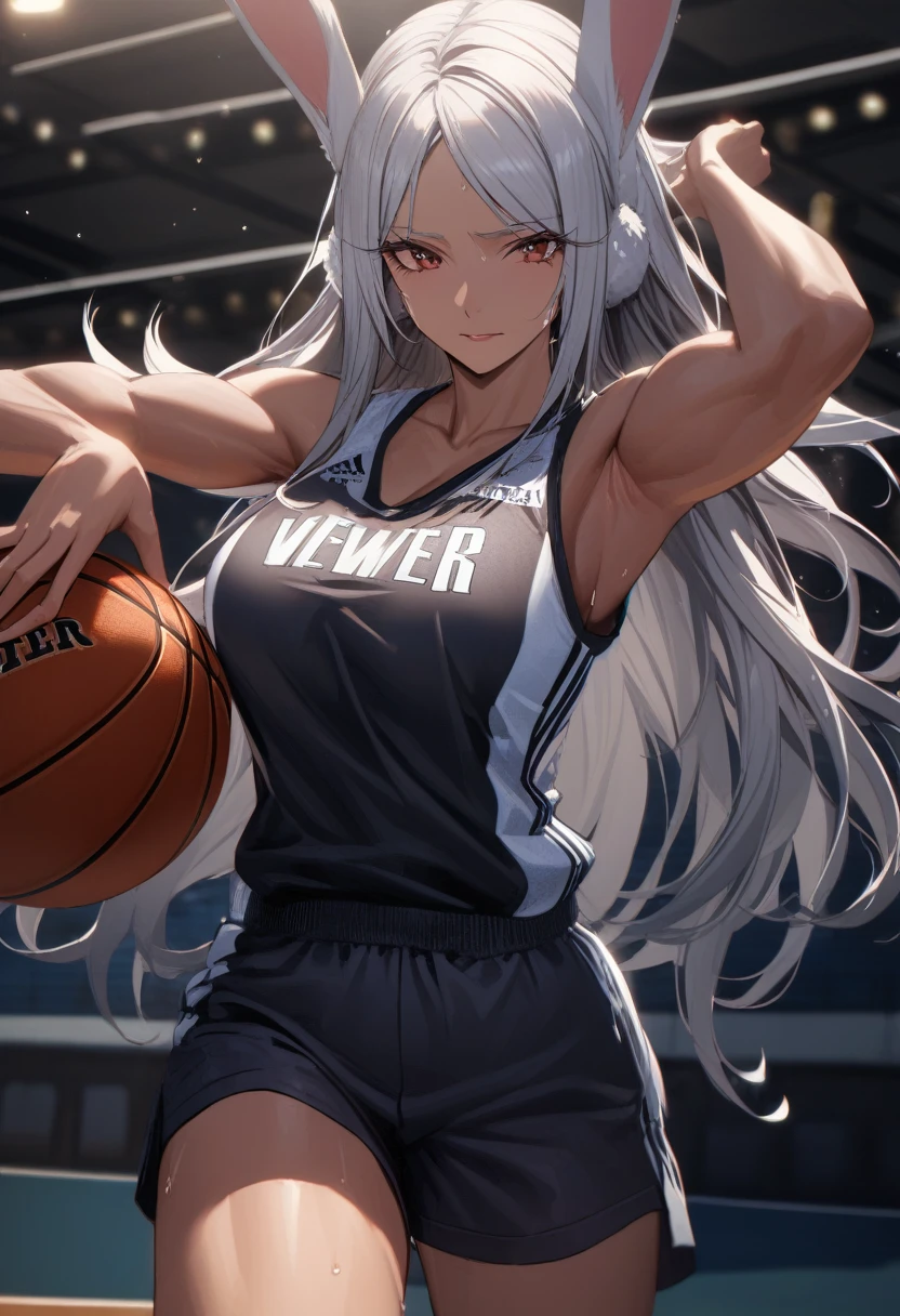 (Mastepiece, best quality, absurdres), close up shot, 1girl, mirkodef, dark skin, muscular, rabbit ears, mature female, holding a basketball in one hand, lifting shirt with one hand, underboob, wearing a basketball jersey, basketball court, looking at wiewer, (exhausted, sweating), medium , 8k intricate illustration, dynamic pose, cinematic lighting, volumetric lighting, vibrant colors, ray tracing, intricate details, 