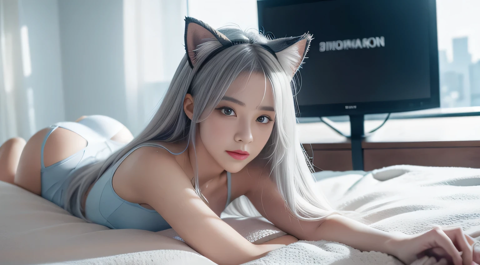 Hair shaking, victory, Long eyelashes, Solid round eye, Fake animal ears, A faint smile, ears red, direction, precise, Surrealism, shadow, Relief, Stereogram, Standing picture, Ass PoV, Atmospheric perspective, 8K, Super Detail, best quality, best quality, High Detail, Anatomically correct, Ultra HD, Retina, masterpiece, Textured Skin, high quality, high resolution, The award-winning, Super Detail, aprecise,1 girl, This will be, Looking at the audience, White hair, there is nothing, Cat ears, Cat'Tail, White shirt, Open clothes, City, Babaizi