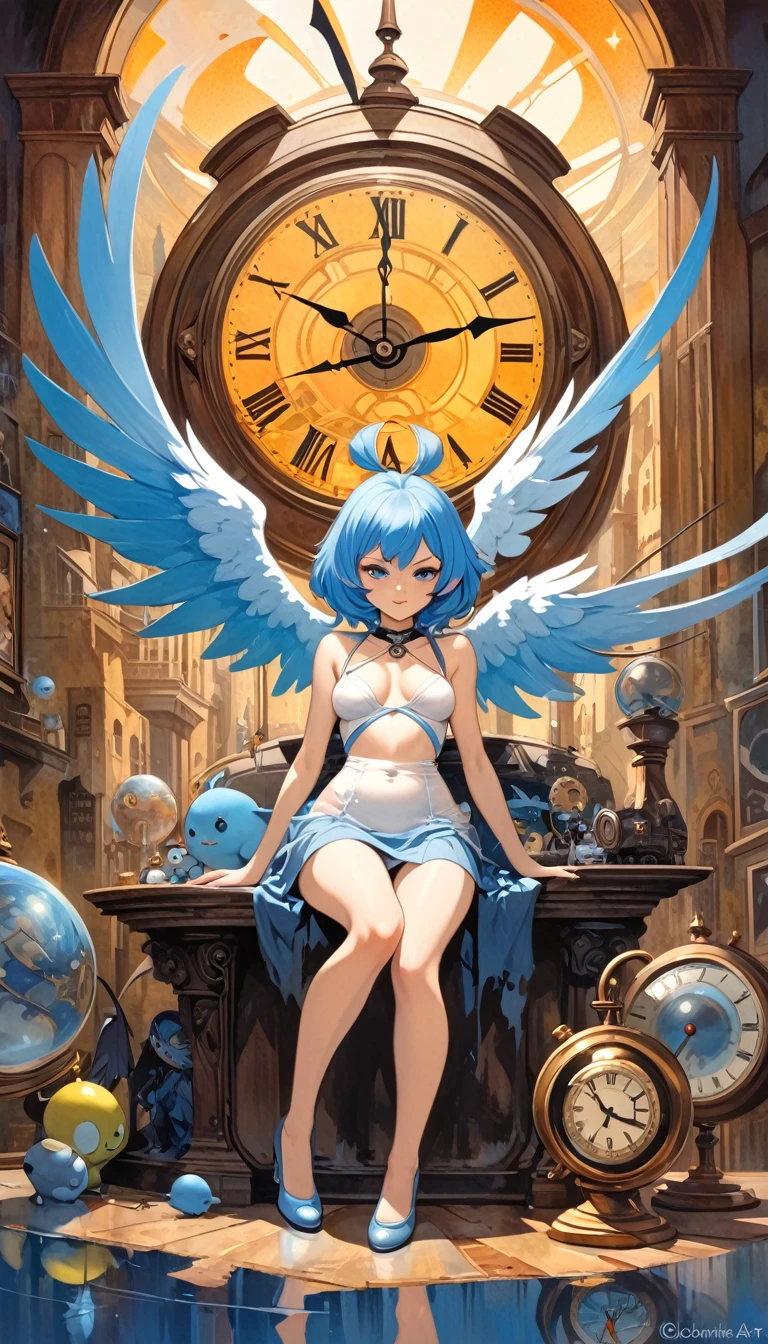 houjuu nue, asymmetrical wings,Wambu, Wambu_Draws, long blue hair, clockworld scene(art inspired by Bill Sienkiewicz). oil painting)
