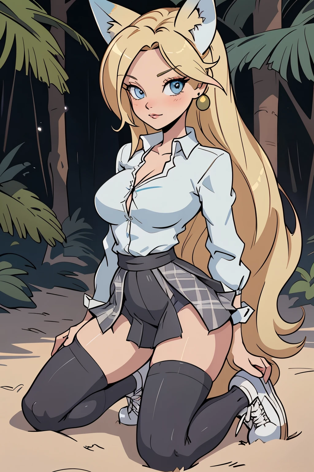 Beautiful 1girl, full body, ager, solo, (very long waist length blonde hair, straight blonde hair: 1.28), ((light blue eyes)), clear skin, (large darker fox ears: 1.35), pale skin, medium breasts, cleavage, (thin hips, thin waist , athletic body: 1.25), background, looking away, (revealing clothes, tight unbuttoned blouse, see through blouse, pleated mini skirt, thigh high stockings, plaid b&w sneakers, school outfit: 1.11), groping chest, kneeling in the sand, masterpiece, best quality,3d rending work ,3DMM style, close-up, portrait, 3D,