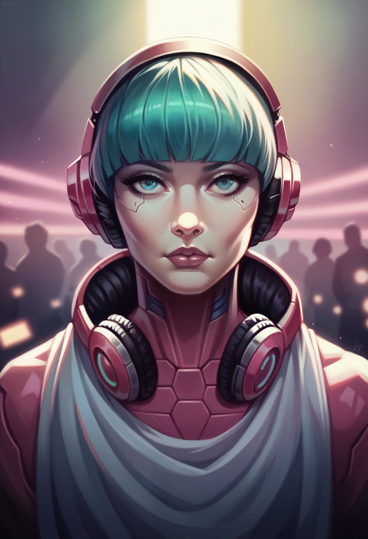 A woman wearing headphones stands next to a robot, Cyberpunk Art by Jason A. Engle, society, retrofuturism, Ilya Kuvshinov, sf, Futuristic, Vibrant, photoRealistic, Realistic, dramatic, Cinema Lighting, Sharp focus, 8K