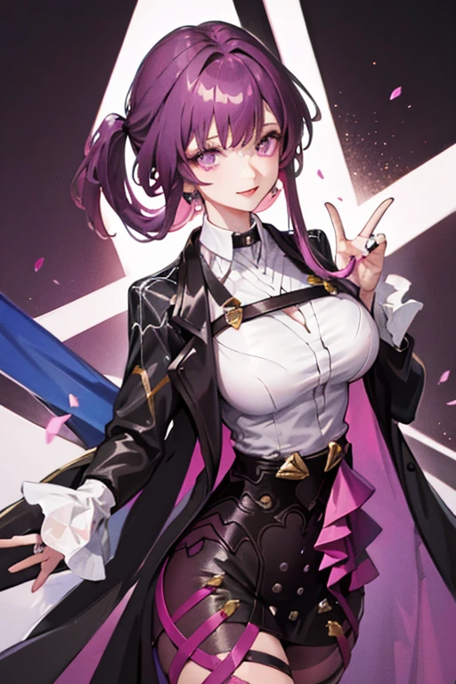 Purple Hair　detailed　masterpiece　Low Ponytail　Female college student　Black overcoat　thin　mysterious　i doubt it　smile　whole body　28 years old　mature　expensive