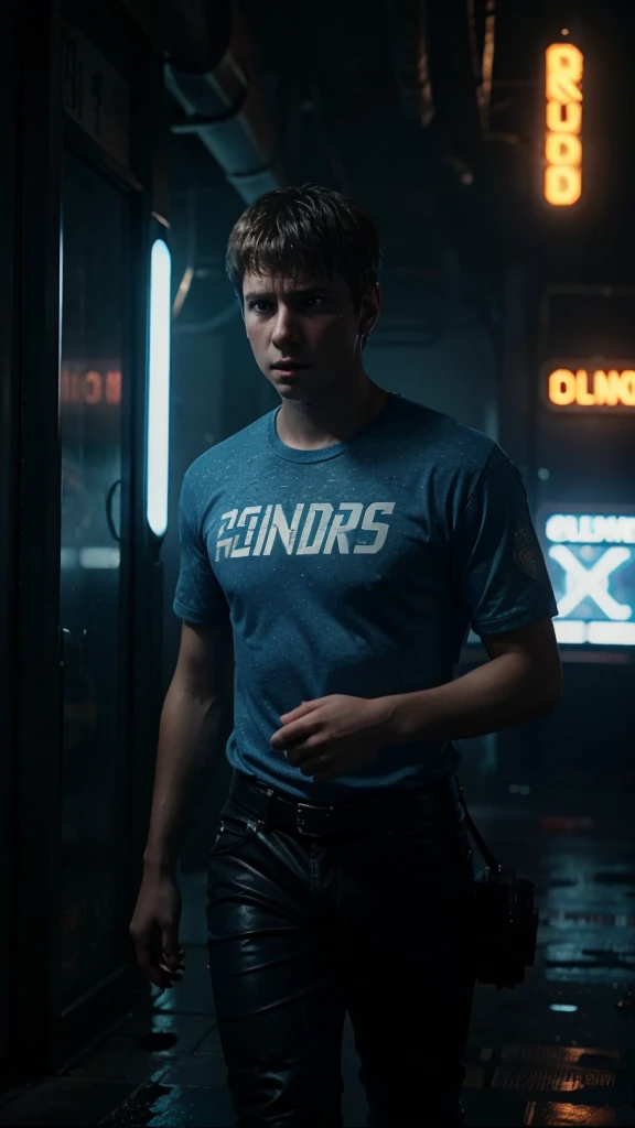 Alex, a young gamer feeling devastated, 4k realistic imagery, blue scenery like a movie scene, old american setting, inspired by blade runner movie scene, blue tone,