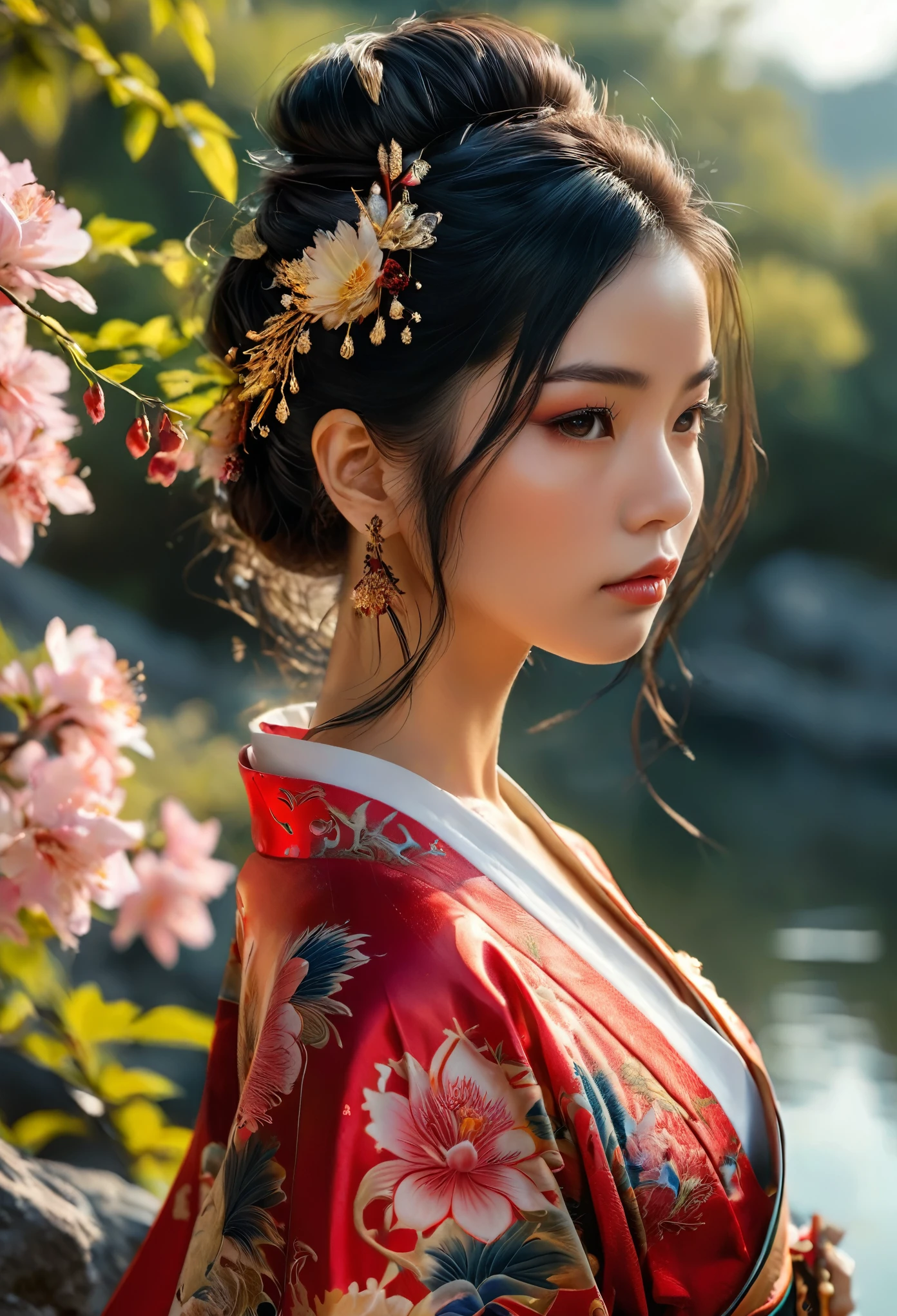 a beautiful young woman wearing a red and black kimono with intricate dragon tattoos on her back, her long black hair adorned with a hair ornament, gazing pensively over her shoulder at the viewer, holding a sprig of flowers, standing outdoors in a serene landscape, (best quality,8k,highres,masterpiece:1.2),ultra-detailed,realistic,photorealistic,photo-realistic:1.37,stunning detailed eyes,beautiful detailed lips,extremely detailed face and features,long eyelashes,elegant,thoughtful expression,off-the-shoulder kimono,bare shoulders,cinematic lighting,vibrant colors,intricate tattoo designs,natural setting
