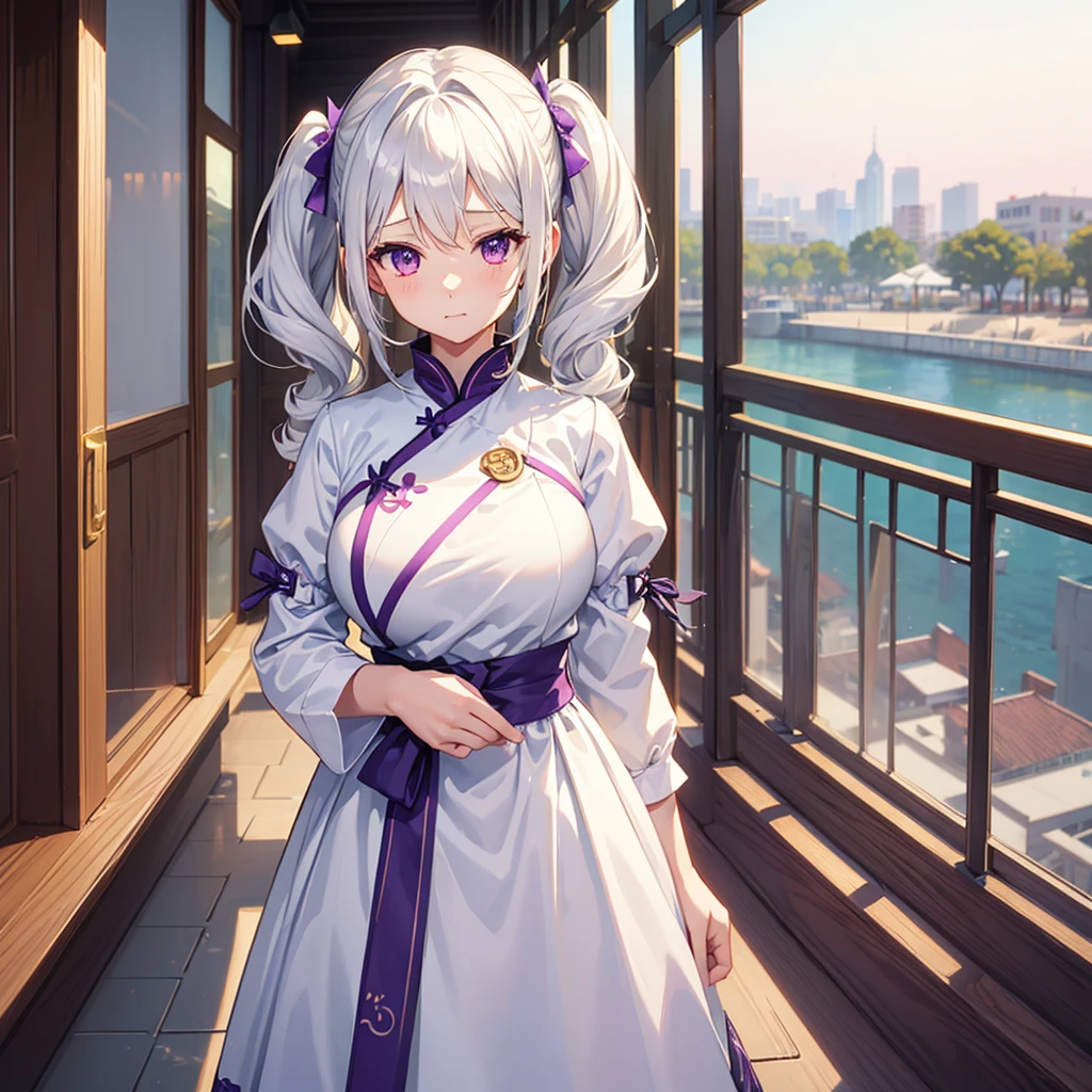 1_girl, solo, best quality, masterpiece, , ,short, huge breasts, white hair,low twintails, purple eyes, yukine chris, thin twintails, (((shy))), (happy), wearing a white cheongsam, upper body portrait, morning sunrise on the balcony background, standing to the left
