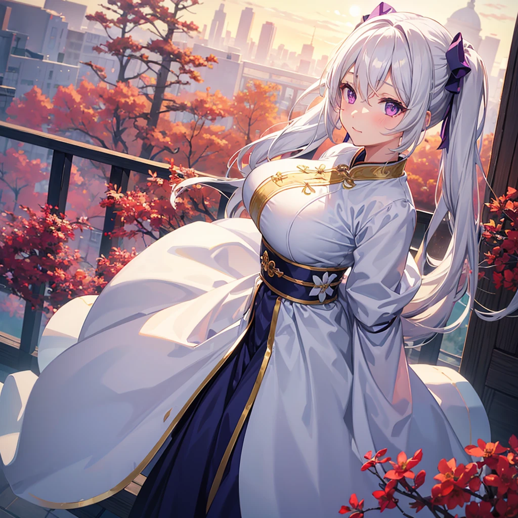 1_girl, solo, best quality, masterpiece, , ,short, huge breasts, white hair,low twintails, purple eyes, yukine chris, thin twintails,  (((shy))), (happy), wearing a white cheongsam, upper body portrait, morning sunrise on the balcony background, standing to the left