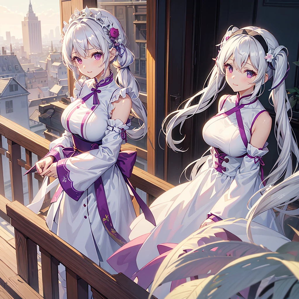 1_girl, solo, best quality, masterpiece, , ,short, huge breasts, white hair,low twintails, purple eyes, yukine chris, thin twintails, (((shy))), (happy), wearing a white cheongsam, upper body portrait, morning sunrise on the balcony background, standing to the left