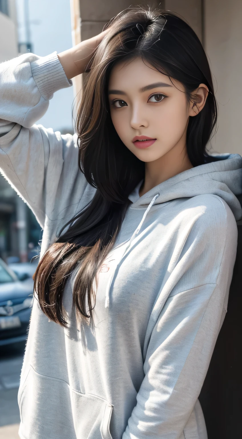 Beauty、high resolution、Long Hair、Brown Hair、Hand Detail、Grey hoodie、underwear、Inside the house、Natural light
