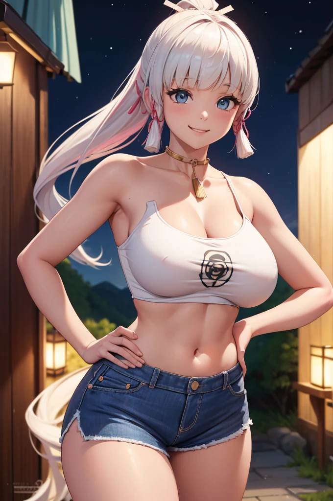 Masterpiece, high quality, 8k, ultra detail, ((kamisatoayakarnd)) standing, night,outdoors, (crop top), navel, (shorts), (off shoulders:1), choker, smile, armpit, (large breast), (nude arm)