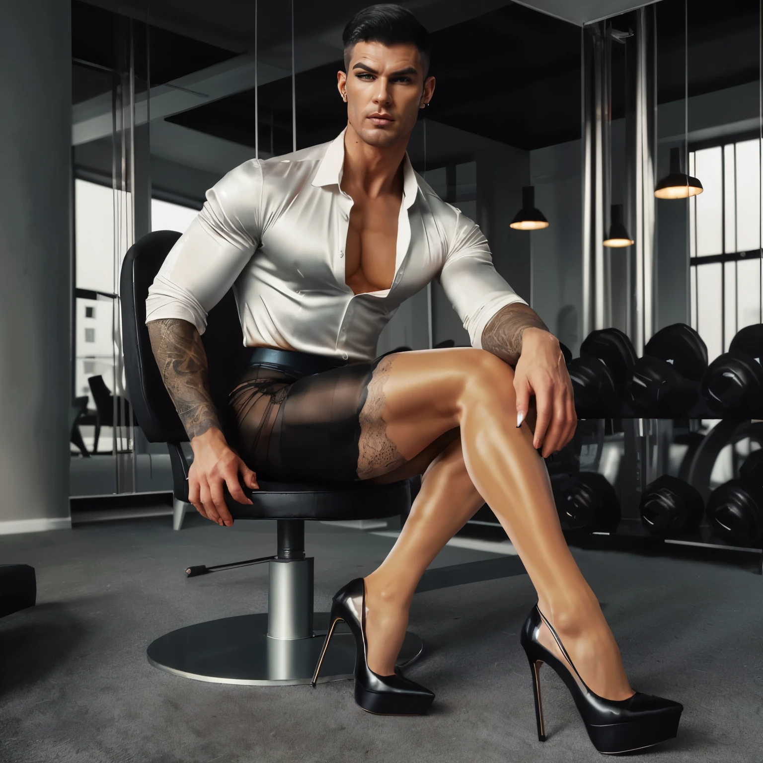 A masculine muscular hunk man with very short hair, lingerie, gaff, black nylon stockings with lace top, padded bra, extreme black stiletto high heels and with metal heels and pointy toes garterbelt, with makeup, fake nails and fake eyelashes, long earrings, bra,surrealist room