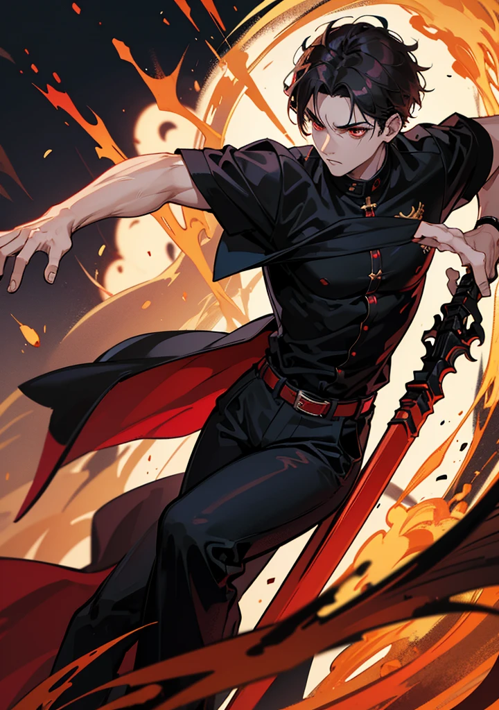 A man, short gold hair, red eyes in black shirt and trousers, hold a big black angel's sickle in right hand, figting position, fire around him