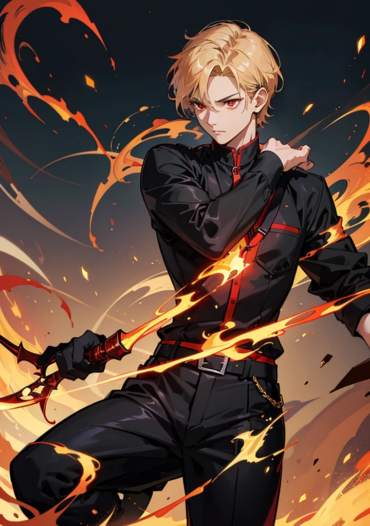 A man, short gold hair, red eyes in black shirt and trousers, hold a big black angel's sickle in right hand, figting position, fire around him