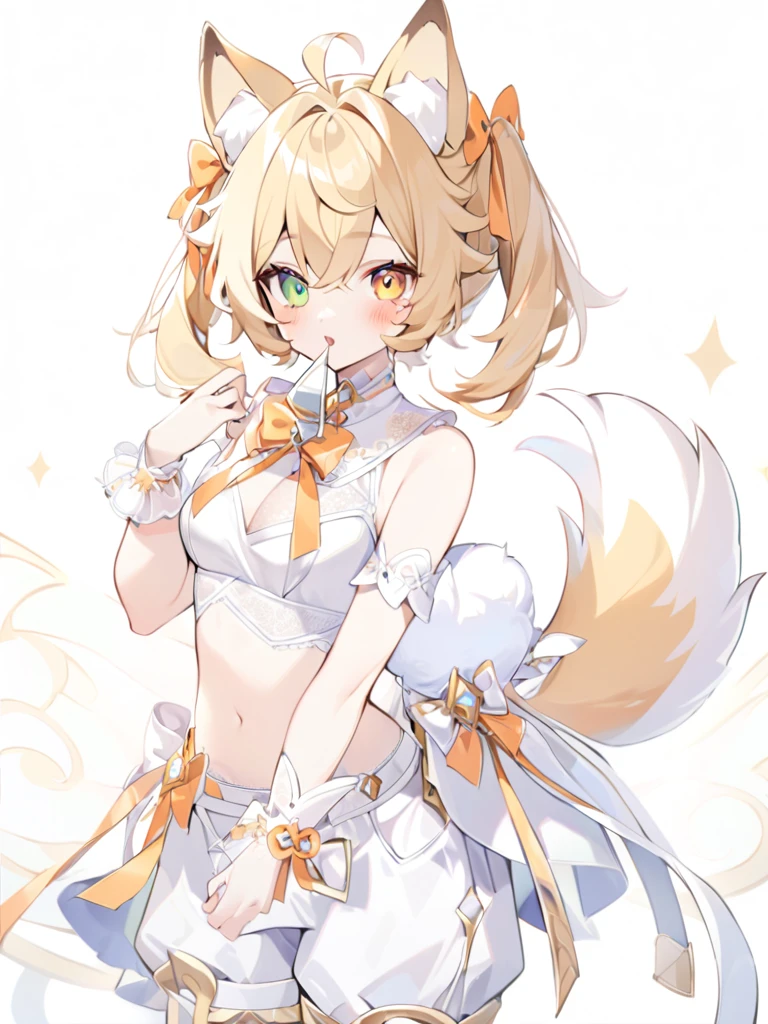 1girl, animal ears, bangs, bare shoulders, blonde hair, blush, bow, breasts, white cleavage, cropped torso, , green eyes, hair ribbon, heterochromia,  stlooking at viewer, open mouth, orange bow, orange eyes, orange ribbon, ears like an unearthly animal, fluffy tail, light tail, real tail, ribbon, solo, stuffed animal, stuffed bunny, stuffed toy, twintails, upper body, full-length, white legbands, white shoes with lace and white bows, white background, wrist cuffs, yellow eyes, bloomers, close-up, fair skin frills, lace, midriff, skirt, solo, , white background,shorts, white top with ribbon and lace and trousers,trousers, genshin,white slippers with a bow,All clothes are white, laceAt full height, it stands, в полный рост,One tail, fluffyclothes like queens in Egypt, namely a white transparent cape on the mouth, white transparent ribbons hanging from the wrist 