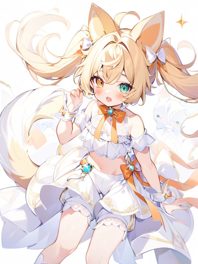 1girl, animal ears, bangs, bare shoulders, blonde hair, blush, bow, breasts, white cleavage, cropped torso, , green eyes, hair ribbon, heterochromia,  stlooking at viewer, open mouth, orange bow, orange eyes, orange ribbon, ears like an unearthly animal, fluffy tail, light tail, real tail, ribbon, solo, stuffed animal, stuffed bunny, stuffed toy, twintails, upper body, full-length, white legbands, white shoes with lace and white bows, white background, wrist cuffs, yellow eyes, bloomers, close-up, fair skin frills, lace, midriff, skirt, solo, , white background,shorts, white top with ribbon and lace and trousers,trousers, genshin,white slippers with a bow,All clothes are white, laceAt full height, it stands, в полный рост,One tail, fluffyclothes like queens in Egypt, namely a white transparent cape on the mouth, white transparent ribbons hanging from the wrist 