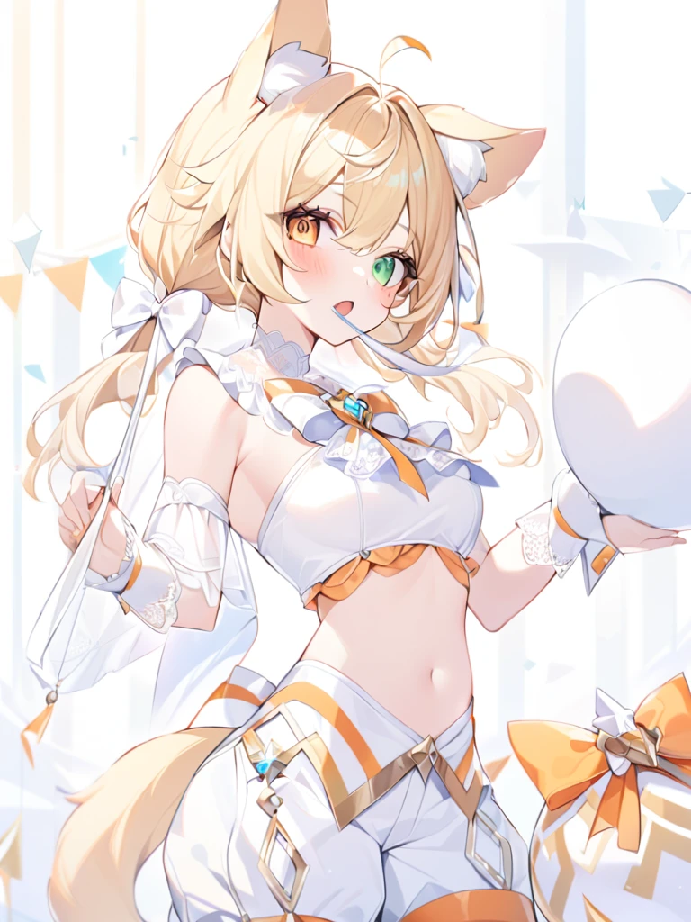 1girl, animal ears, bangs, bare shoulders, blonde hair, blush, bow, breasts, white cleavage, cropped torso, , green eyes, hair ribbon, heterochromia, stlooking at viewer, , orange bow, orange eyes, orange ribbon, ears like an unearthly animal, fluffy tail, light tail, real tail, ribbon, solo, stuffed animal, stuffed bunny, stuffed toy, twintails, upper body, full-length, white legbands, white shoes with lace and white bows, white background, wrist cuffs, yellow eyes, bloomers, close-up, fair skin frills, lace, midriff, skirt, solo, , white background,shorts, white top with ribbon and lace and trousers,trousers, genshin,white slippers with a bow,All clothes are white, laceAt full height, it stands, в полный рост