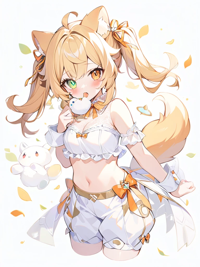 1girl, animal ears, bangs, bare shoulders, blonde hair, blush, bow, breasts, white cleavage, cropped torso, , green eyes, hair ribbon, heterochromia, stlooking at viewer, open mouth, orange bow, orange eyes, orange ribbon, ears like an unearthly animal, fluffy tail, light tail, real tail, ribbon, solo, stuffed animal, stuffed bunny, stuffed toy, twintails, upper body, full-length, white legbands, white shoes with lace and white bows, white background, wrist cuffs, yellow eyes, bloomers, close-up, fair skin frills, lace, midriff, skirt, solo, , white background,shorts, white top with ribbon and lace and trousers,trousers, genshin,white slippers with a bow,All clothes are white, laceAt full height, it stands, в полный рост,One tail, fluffyclothes like queens in Egypt, namely a white transparent cape on the mouth, white transparent ribbons hanging from the wrist